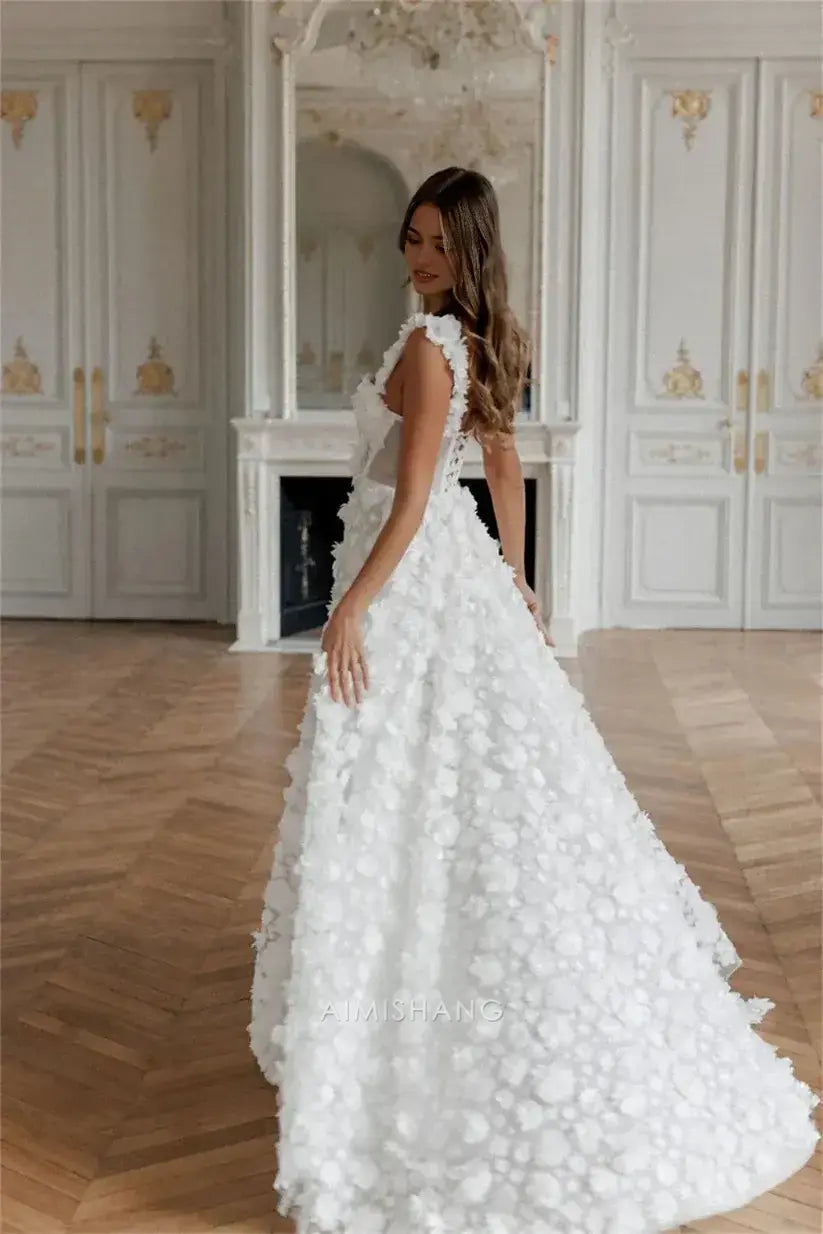 Aimishang Romantic A Line Sleeveless Long Formal Prom Dress With Slit Elegant Wedding Dress Charming Bridal Gown