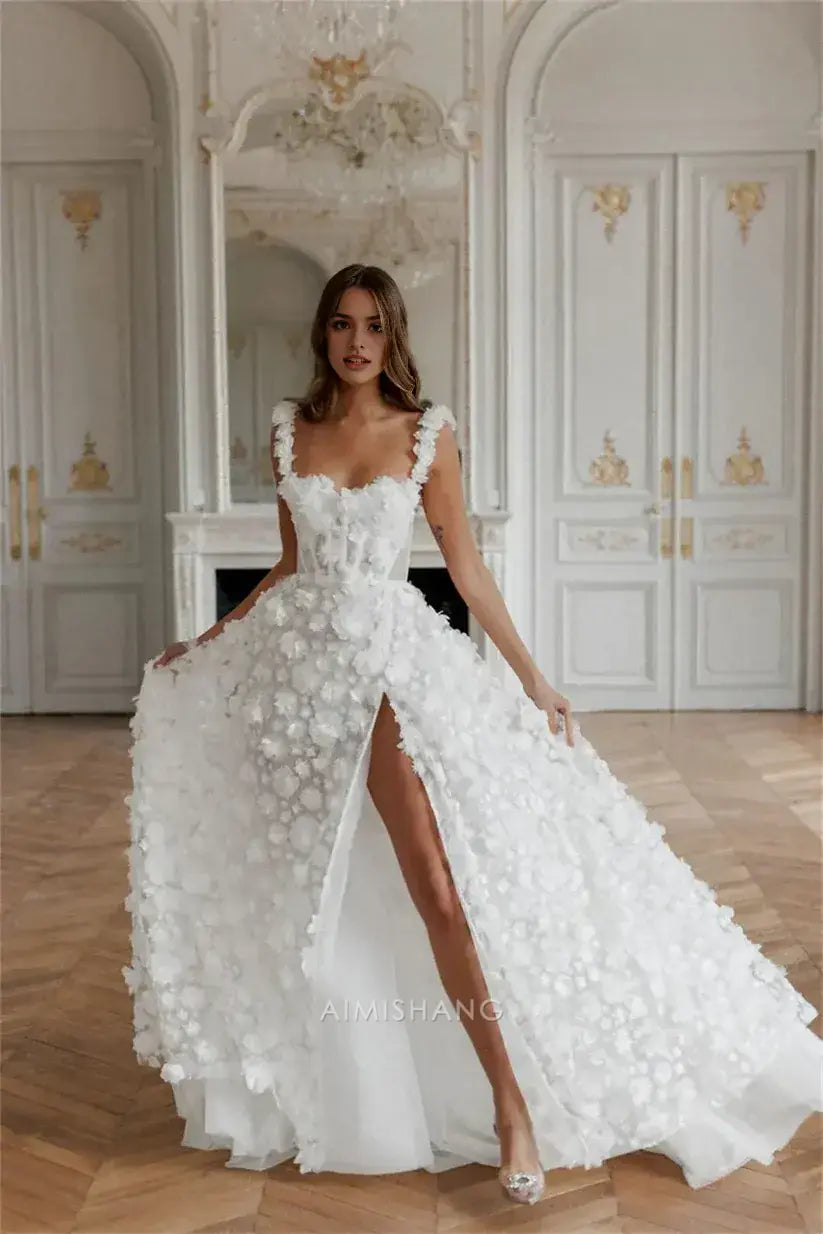 Aimishang Romantic A Line Sleeveless Long Formal Prom Dress With Slit Elegant Wedding Dress Charming Bridal Gown