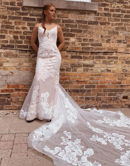 Aimishang Romantic Wedding Dress Mermaid Spaghetti Straps Chapel Train Bridal Gown With Appliques