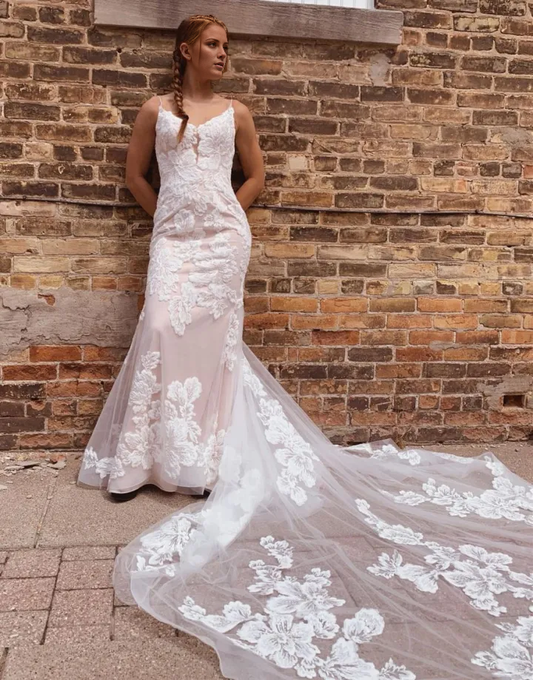 Aimishang Romantic Wedding Dress Mermaid Spaghetti Straps Chapel Train Bridal Gown With Appliques