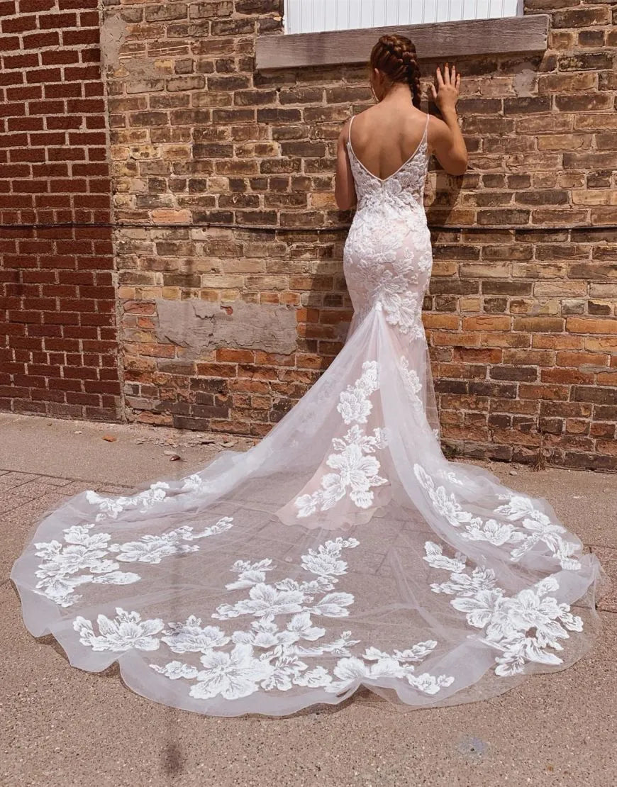 Aimishang Romantic Wedding Dress Mermaid Spaghetti Straps Chapel Train Bridal Gown With Appliques