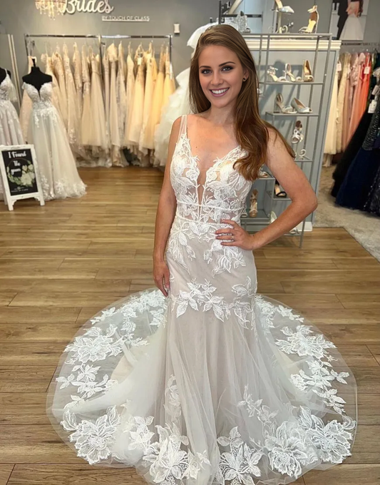 Aimishang Romantic Wedding Dress Mermaid V-Neck Zipper Back With Appliques Charming Bridal Gown