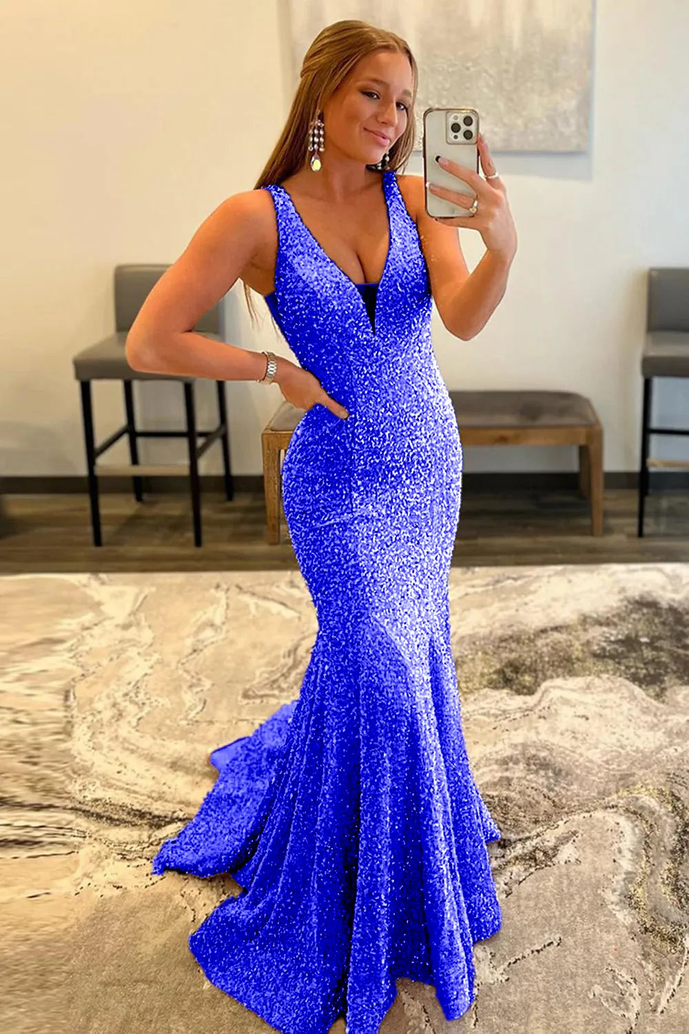 Wholesale Mermaid Sexy Glitter V Neck Long Prom Dress