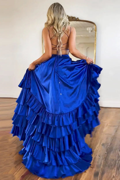 Wholesale Prom Dress A-Line Spaghetti Straps Lace Up Long Tiered With Split