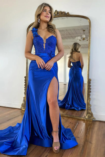 Wholesale Prom Dress Mermaid One Shoulder Lace Up Satin With Split