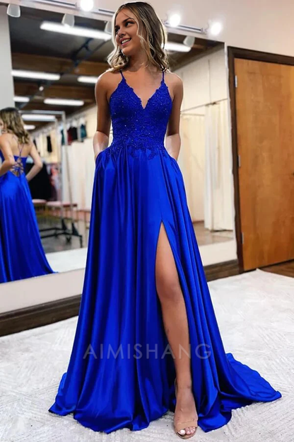 Aimishang A-line V-neck Satin Spaghetti Straps Prom Dresses Charming Evening Party Dresses With Slit