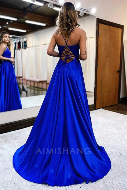 Aimishang A-line V-neck Satin Spaghetti Straps Prom Dresses Charming Evening Party Dresses With Slit