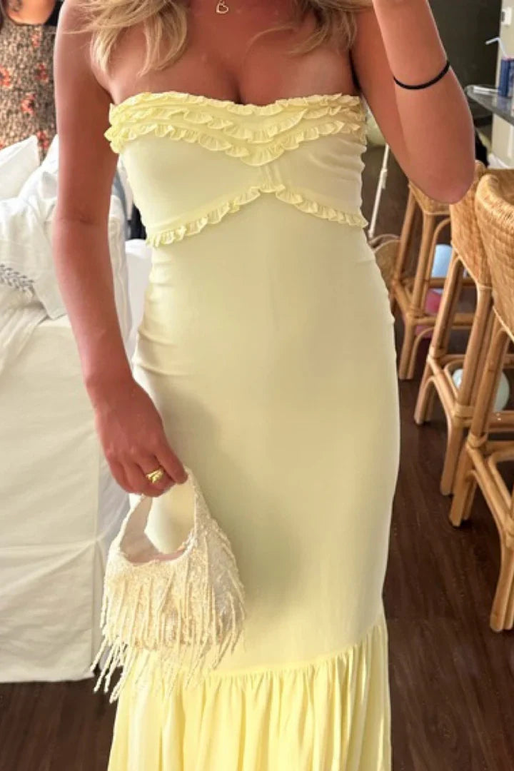 Aimishang Elegant Mermaid Strapless Ruffle Party Evening Gown Cute Yellow Wedding Guest Dress