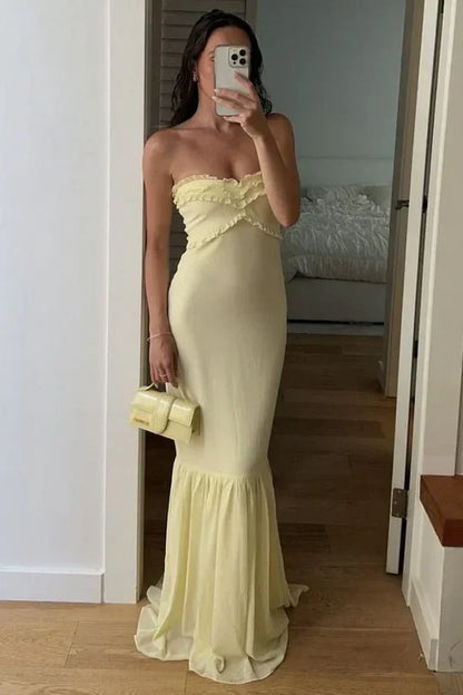Aimishang Elegant Mermaid Strapless Ruffle Party Evening Gown Cute Yellow Wedding Guest Dress