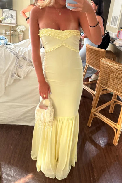Aimishang Elegant Mermaid Strapless Ruffle Party Evening Gown Cute Yellow Wedding Guest Dress