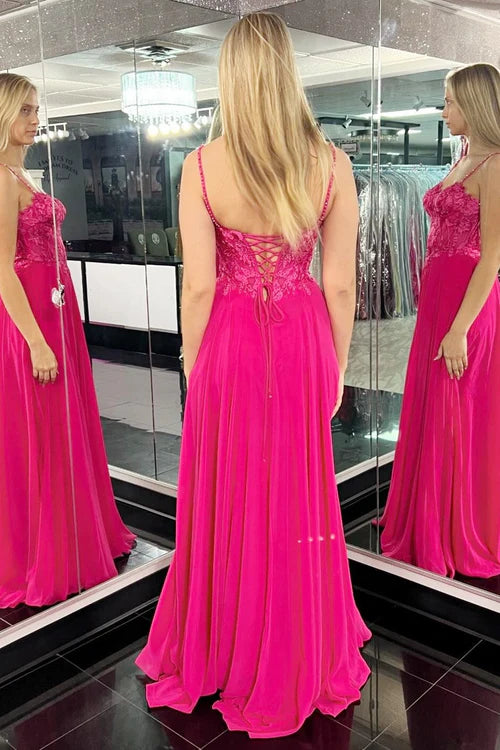 Wholesale Fashion Magenta Appliques Sweetheart A-Line Long Prom Dress with Slit