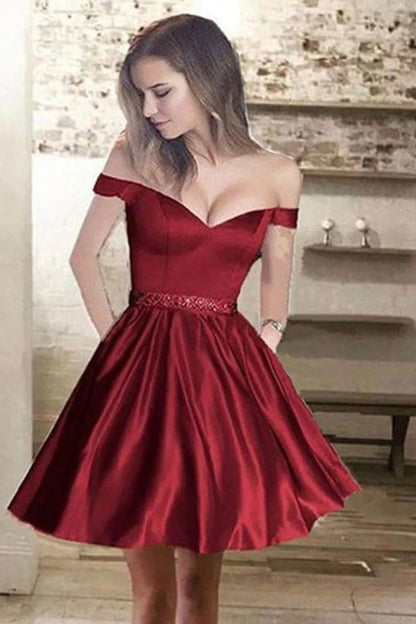 Wholesale A-Line Homecoming Dresses Satin With Pockets Off-The-Shoulder