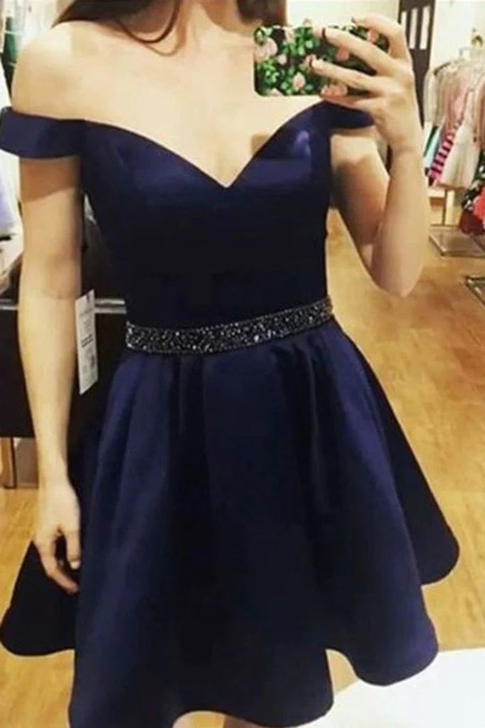 Wholesale A-Line Homecoming Dresses Satin With Pockets Off-The-Shoulder