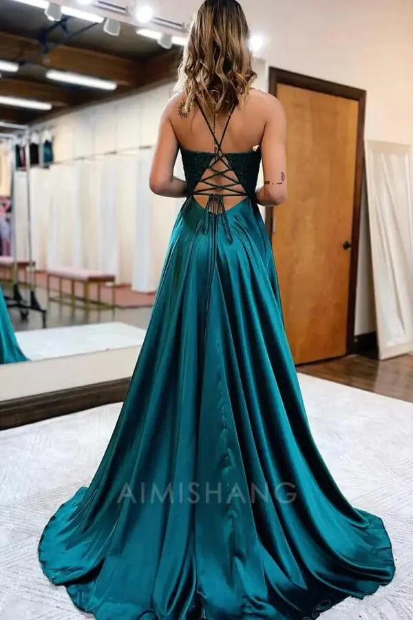 Aimishang A-line V-neck Satin Spaghetti Straps Prom Dresses Charming Evening Party Dresses With Slit