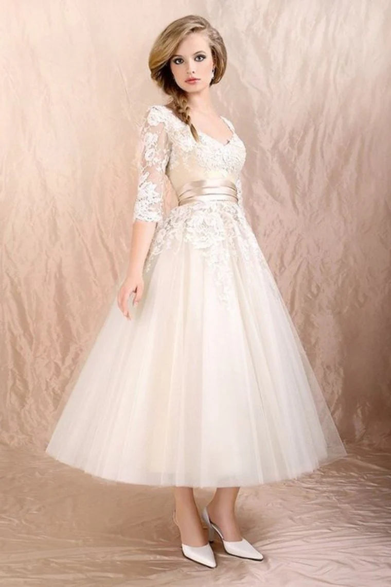 Wholesale Formal Dresses Ball Gown Half Sleeve Tea Length With Applique And Ribbon