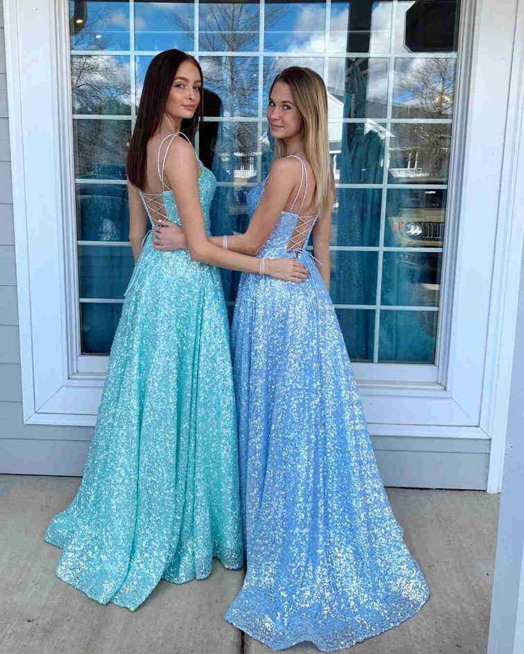 Wholesale A-Line Prom Dresses Sequin Spaghetti Straps Square Sleeveless