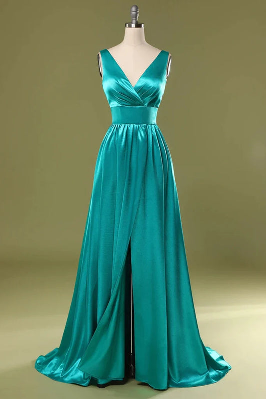 Wholesale A Line Prom Dresses Split Turquoise V-Neck Satin with High Slit