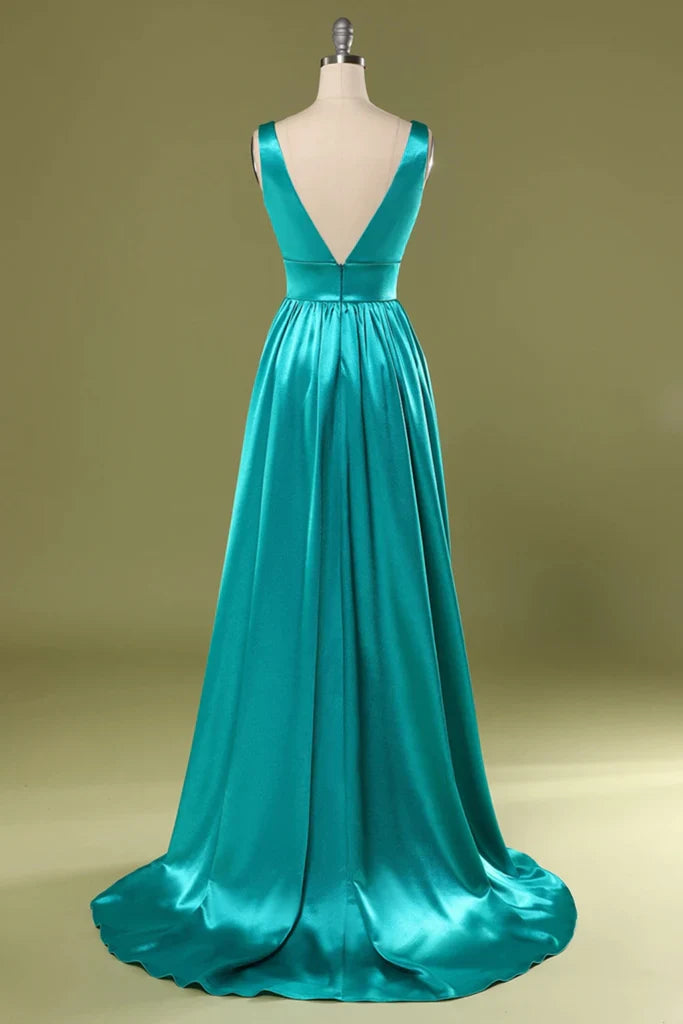 Wholesale A Line Prom Dresses Split Turquoise V-Neck Satin with High Slit