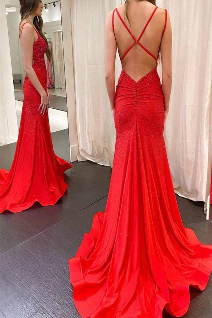 Wholesale Evening Dresses Sexy Beading Floor Length Satin Mermaid Prom Dresses