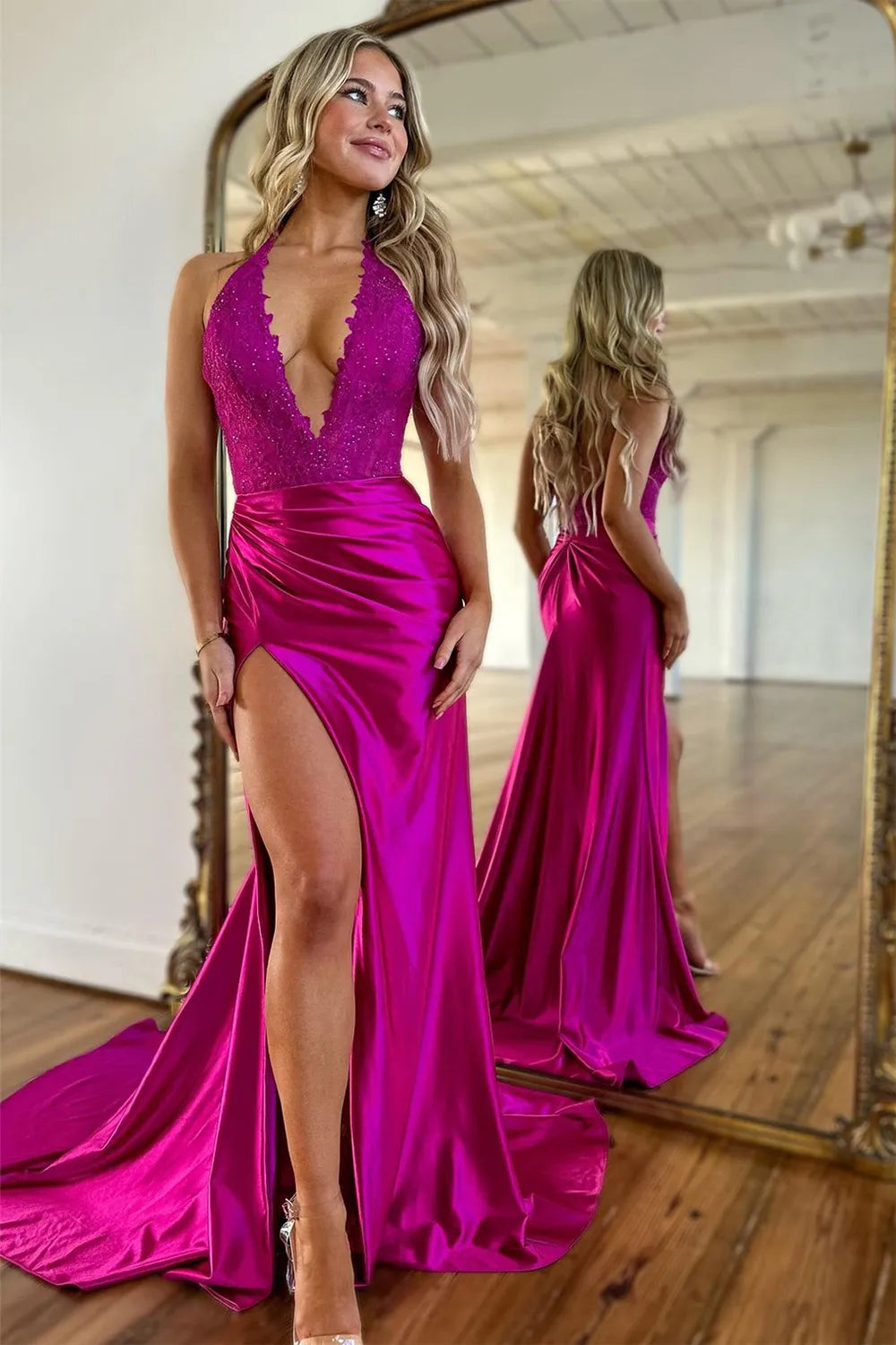 Wholesale Prom Dress Sexy Deep V-Neck Mermaid Long Satin With Slit