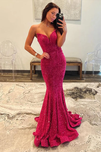 Wholesale Sequin Prom Dress Sexy Glitter Fuchsia Mermaid Strapless