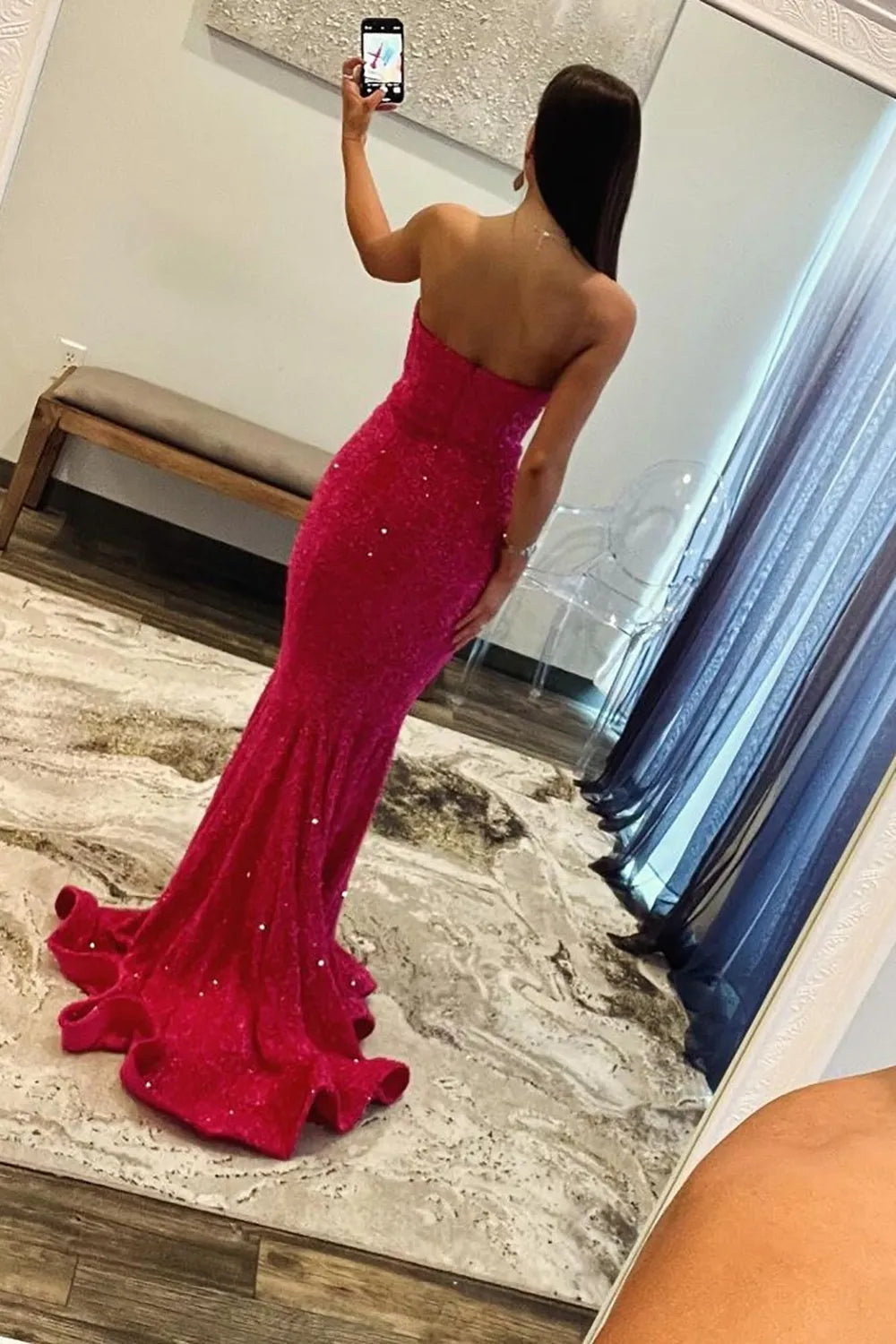 Wholesale Sequin Prom Dress Sexy Glitter Fuchsia Mermaid Strapless