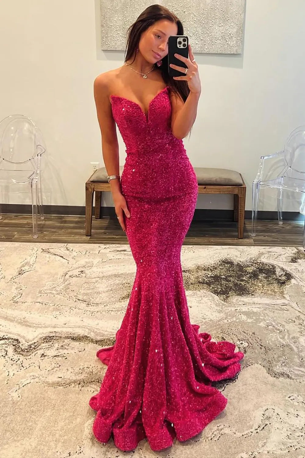 Wholesale Sequin Prom Dress Sexy Glitter Fuchsia Mermaid Strapless