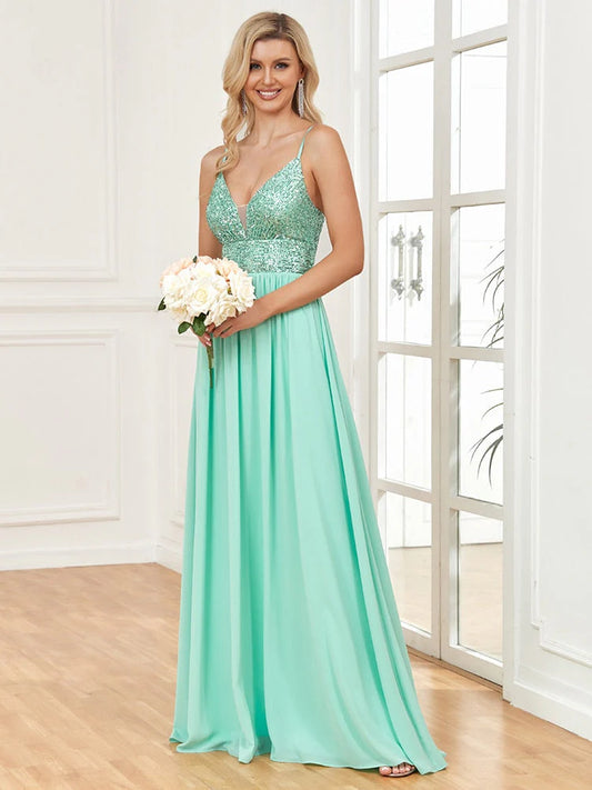 Wholesale Evening Dress Chiffon Sequin Spaghetti Straps V-neck