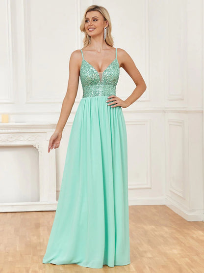 Wholesale Evening Dress Chiffon Sequin Spaghetti Straps V-neck