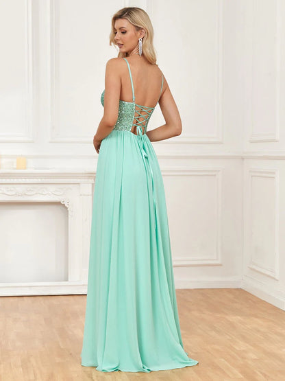 Wholesale Evening Dress Chiffon Sequin Spaghetti Straps V-neck