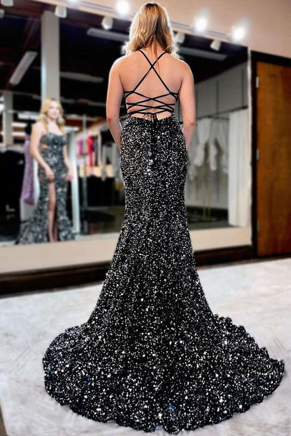 Wholesale Sequins Black Lace Up Prom Dresses With Waistline And Slit Sexy Mermaid Evening Dresses