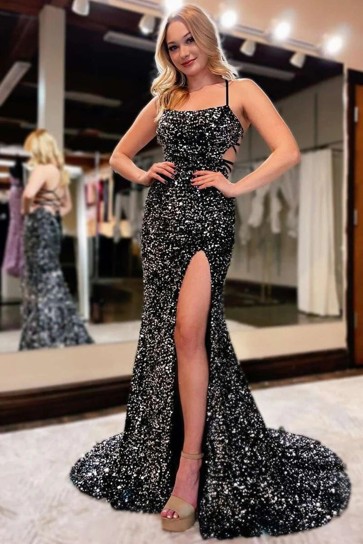 Wholesale Sequins Black Lace Up Prom Dresses With Waistline And Slit Sexy Mermaid Evening Dresses