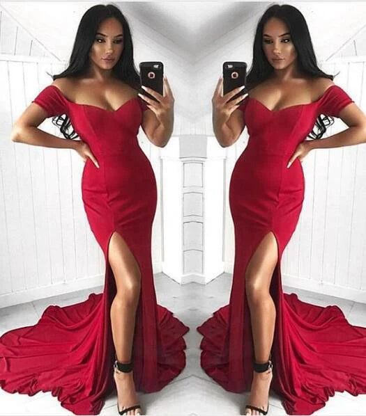 Wholesale Mermaid Prom Dresses Sexy Off the Shoulder Slit Short Sleeve Satin