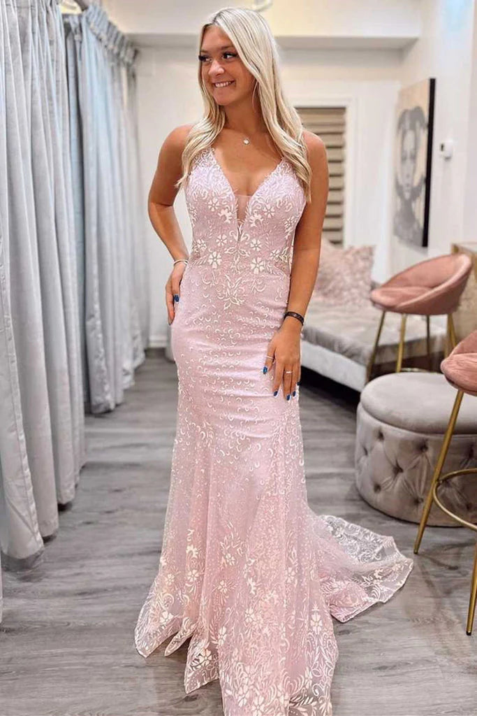 Wholesale Long Prom Dresses Sexy Mermaid V Neck Pink Lace Backless