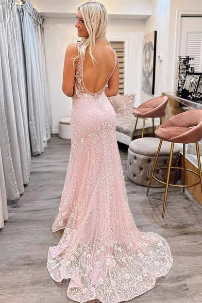 Wholesale Long Prom Dresses Sexy Mermaid V Neck Pink Lace Backless