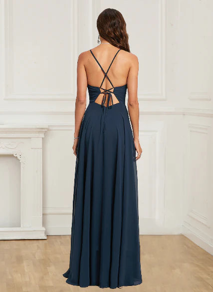 Wholesale A Line Evening Dresses Open Back Halter With Appliques Chiffon