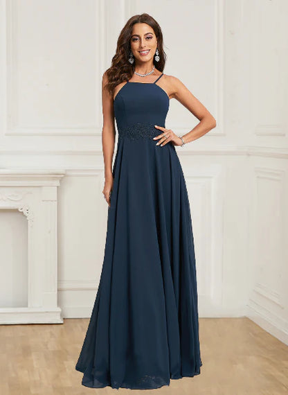 Wholesale A Line Evening Dresses Open Back Halter With Appliques Chiffon