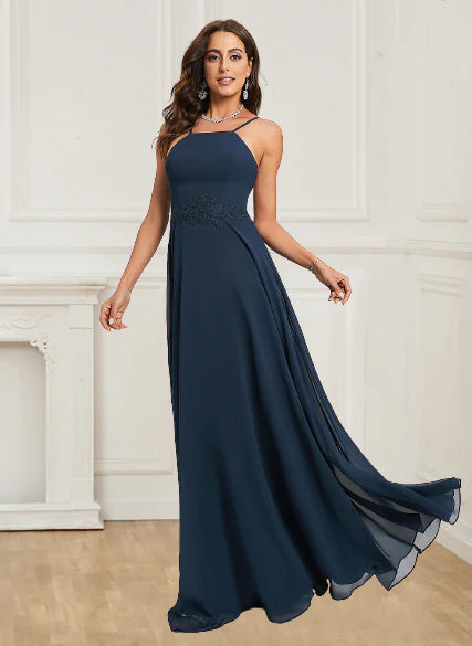 Wholesale A Line Evening Dresses Open Back Halter With Appliques Chiffon