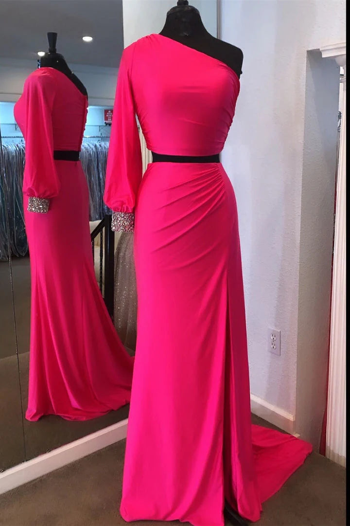 Wholesale Prom Dresses Sexy Satin One Shoulder Two Piece Mermaid Long Sleeves