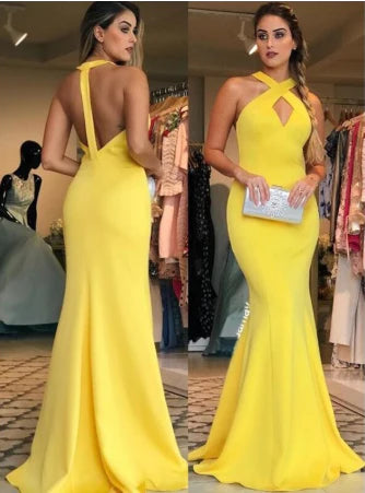 Wholesale Sexy Formal Dresses Sheath Halter Floor Length Ruffles Satin Prom Dresses