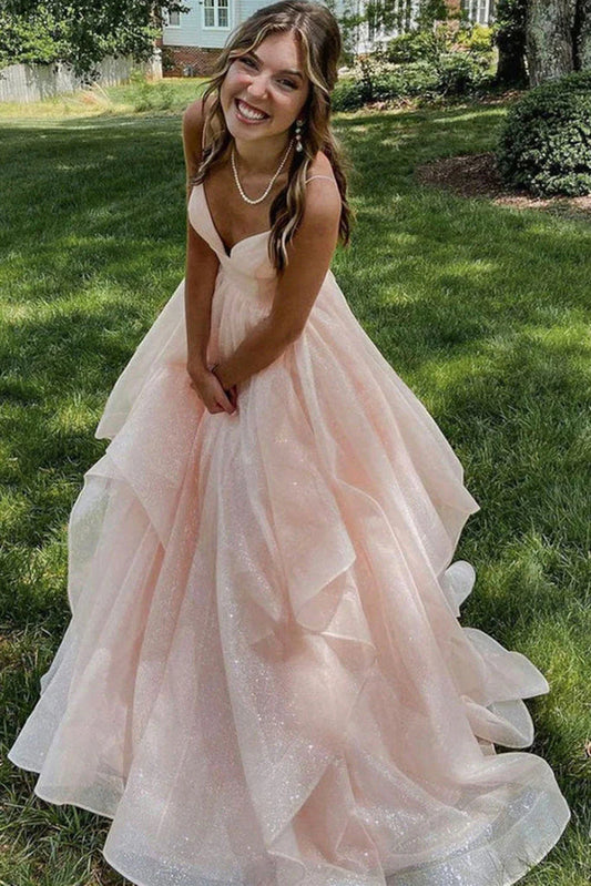 Wholesale Prom Dresses Sexy Shiny V-Neck Long Tulle Backless Sleeveless Floor-Length