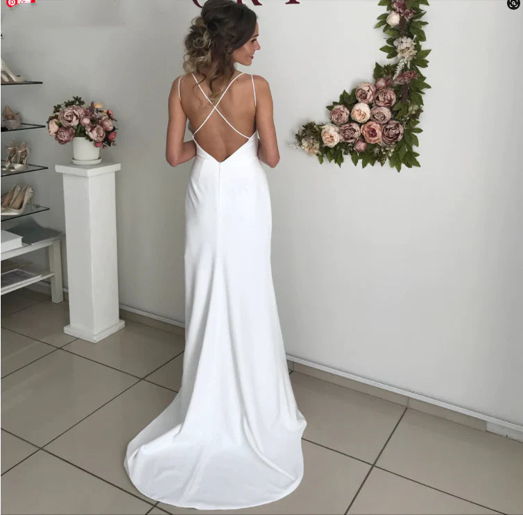 Wholesale Prom Dresses Sexy White V-Neck Backless Mermaid Straps with Slit Ruffles