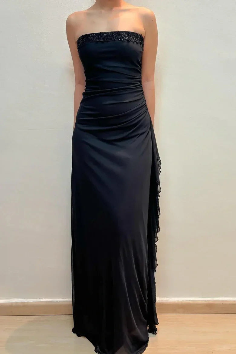 Aimishang Elegant Black Strapless Sleeveless Long Formal Prom Dress Classy Evening Party Dress with Appliques