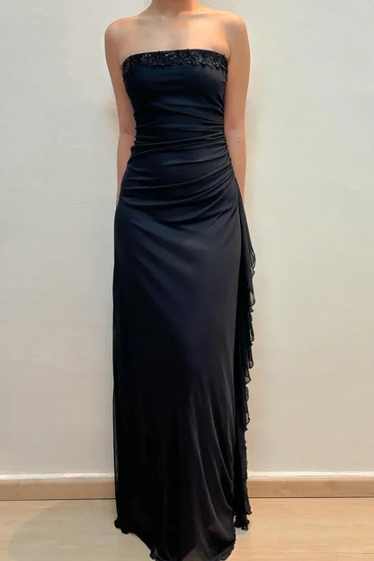 Aimishang Elegant Black Strapless Sleeveless Long Formal Prom Dress Classy Evening Party Dress with Appliques