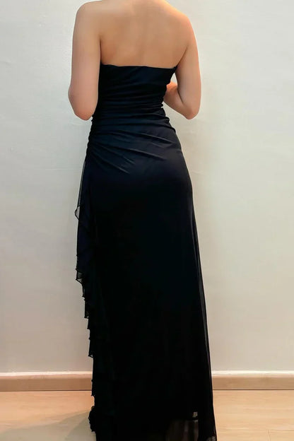 Aimishang Elegant Black Strapless Sleeveless Long Formal Prom Dress Classy Evening Party Dress with Appliques