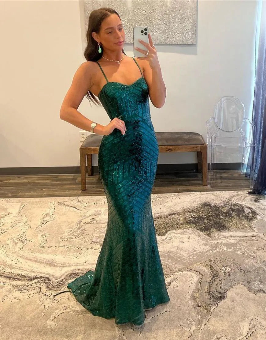 Wholesale Long Sequin Prom Dress Sexy Mermaid Spaghetti Straps