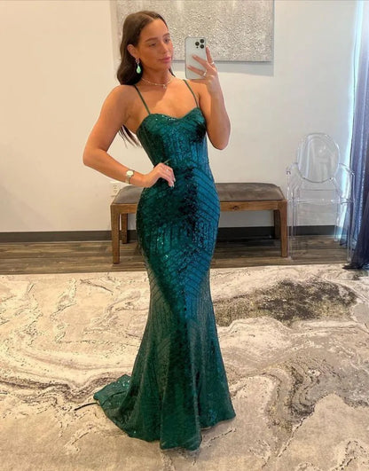 Wholesale Long Sequin Prom Dress Sexy Mermaid Spaghetti Straps