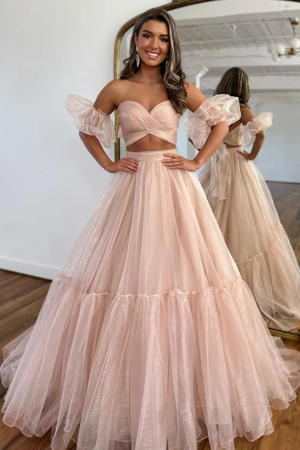 Aimishang Prom Dress A-Line Sweetheart Tulle With Detachable Sleeves