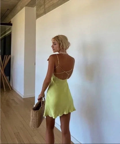 Aimishang Sexy Green Spaghetti Straps Satin Sleeveless Short Birthday Party Dress Fashion Mini Graduation Homecoming Dress