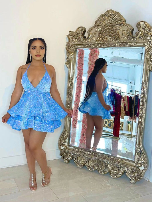 Aimishang Sexy Halter V Neck A Line Blue / Pink / Purple Sequin Sleeveless Short Homecoming Dress Sparkly Summer Birthday Party Dress